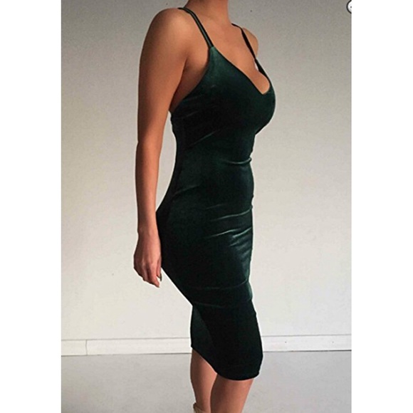 Hunter Green Plush Velvet  Midi Bodycon Dress - Picture 2 of 3